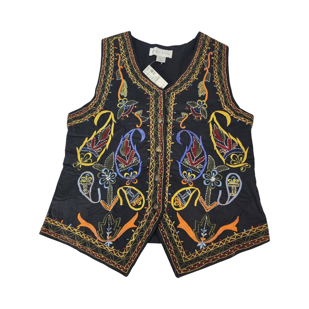Anchor Blue Vintage Embroidered Cotton Vest Black Paisley Boho Womens Large NWT